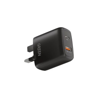 Green Lion Dual USB Port Wall Charger Type-C to Lightning Cable PD+QC3.0 20W UK - Black