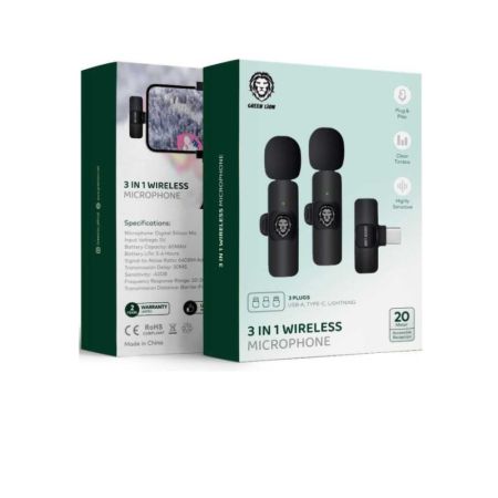 Green Lion 3-in-1 Wireless Microphone (USB A, Type C Lightning) - Black