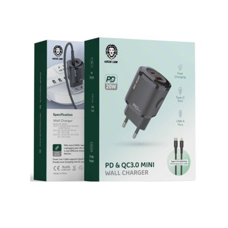 Green Lion Compact Wall Charger Dual Port 20W Type-C To Lighting Cable