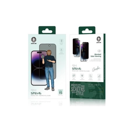 Green Lion 9H Steve Full Privacy Glass Screen Protector for iPhone 15 - Black 
