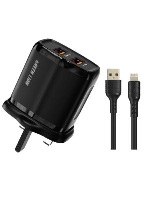 Green Lion Dual 2 USB 2.4A Charger + USB-A Cable 1M UK Plug 12W - Dark Green