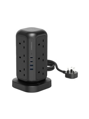 Powerology 12 AC Sockets Gan Tower Hub 15W Wireless Charger 3M-Black